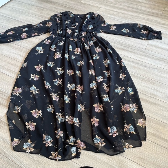 ZARA Black Floral Sheer Chiffon Dress, Midi Oversized Boho Smock Dress, small - Picture 15 of 16